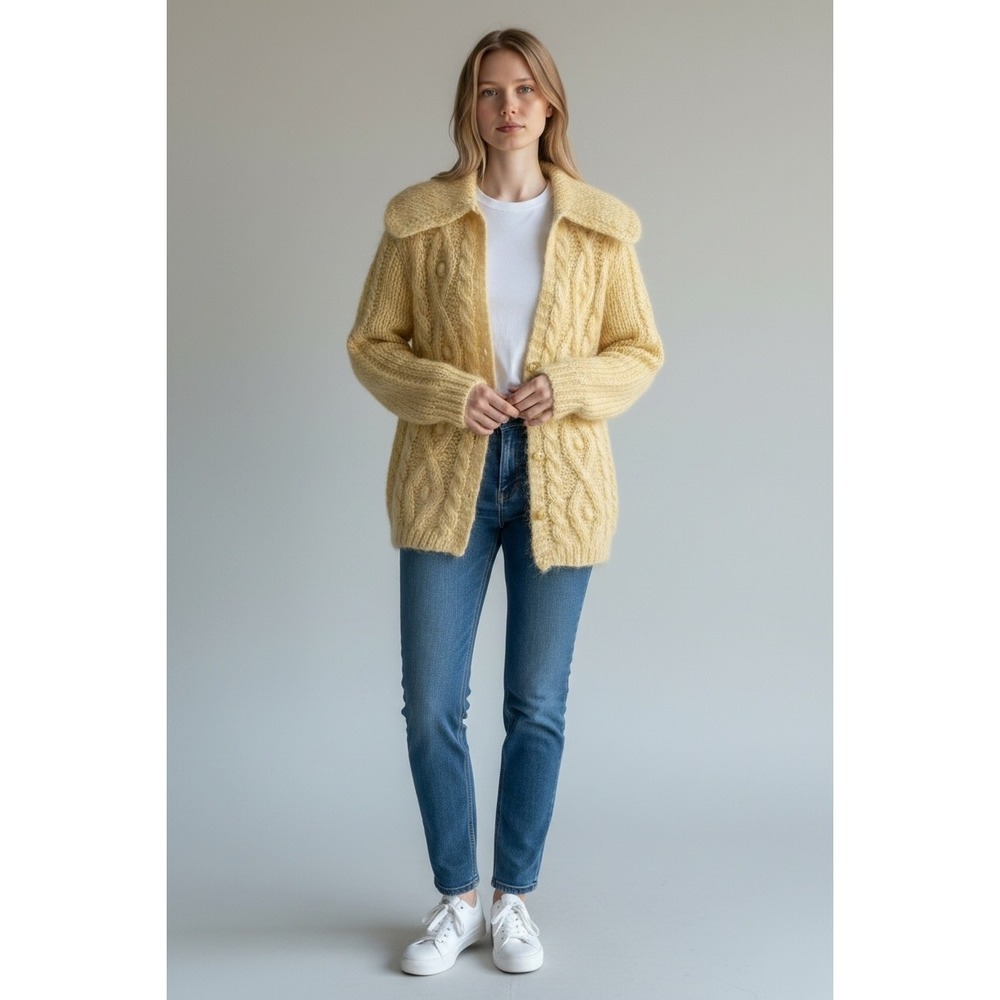 Tam Italia Vintage Mohair Wool Cable Knit Cardigan Yellow Shawl Collar Italy